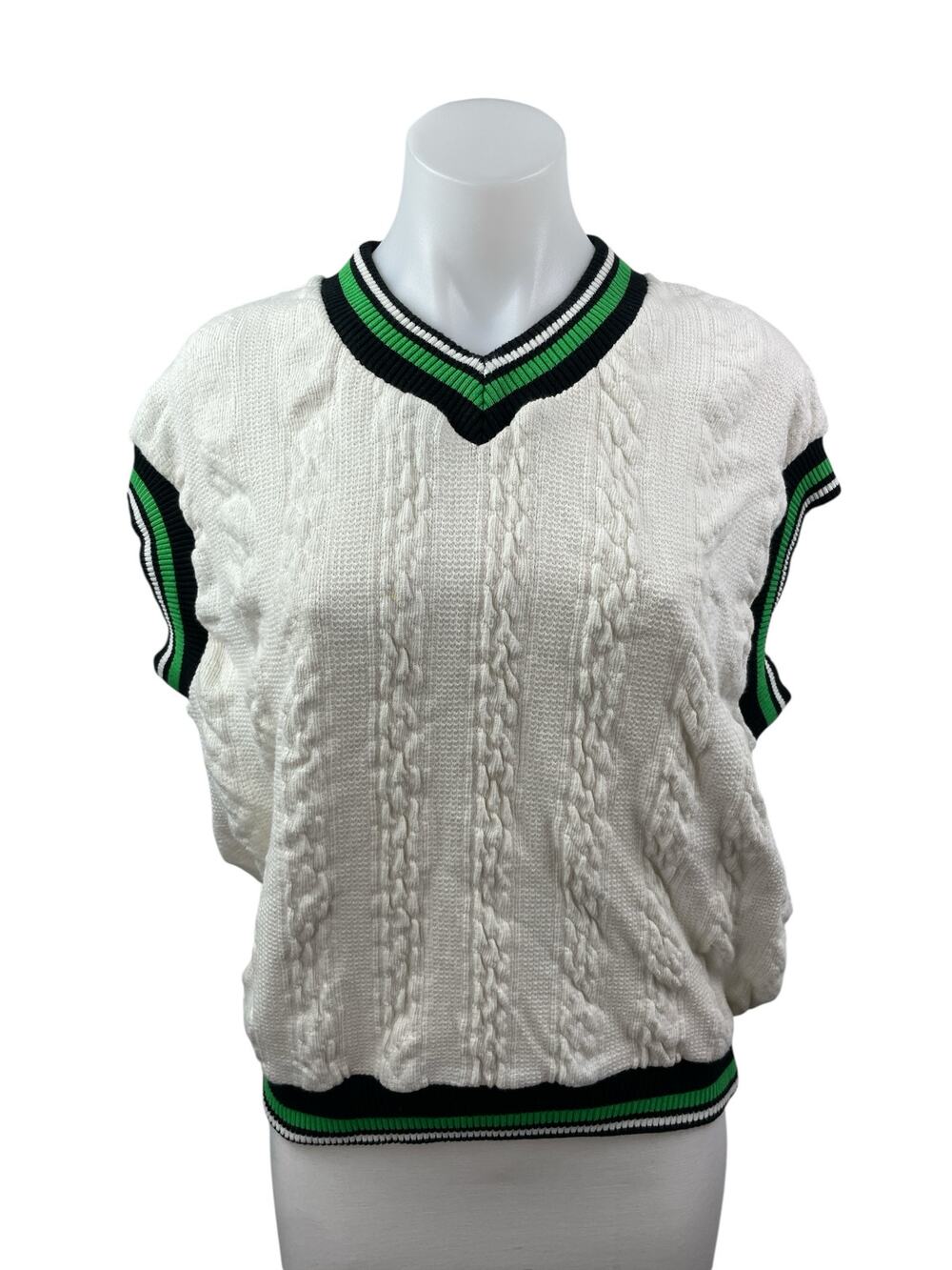 Zara Womens White Cable Knit V Neck Sleeveless Cricket Tennis Sweater Vest Top M